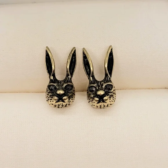 Vintage Estate Bunny Rabbit Crystal Stud Gold Earrings - Picture 11 of 16